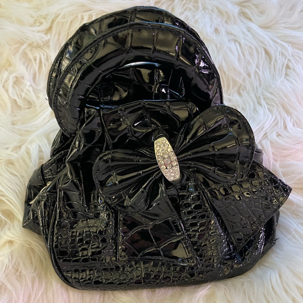 Black Faux Crocodile Handbag with Rhinestone Encrusted Bow